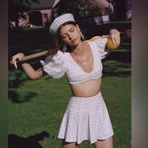 NWT For Love & Lemons Denise Eyelet Puff Sleeve Crop Top & Mini Skirt Set sz XXS